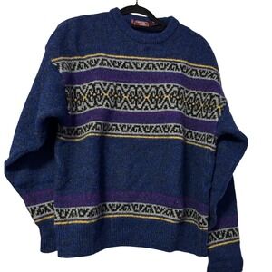 Cambridge Vintage Pure New Wool Fair Isle‎ Sweater Mens Large Blue England